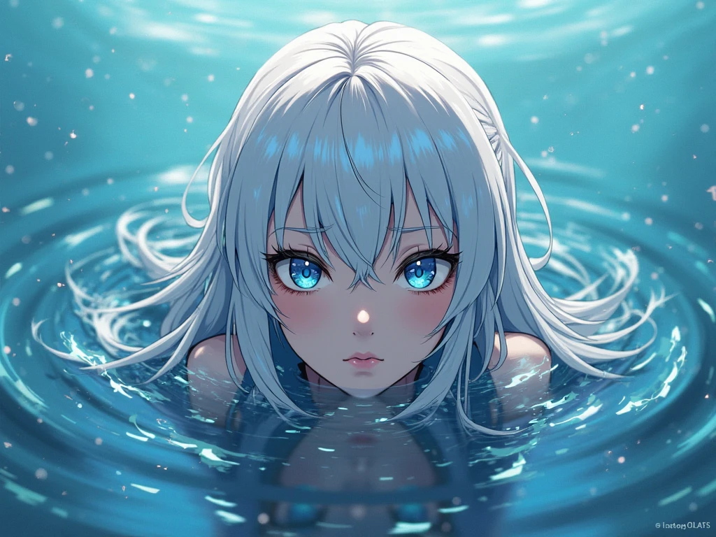 girl who is sinking underwater, laterally, she looks at the water surface, White hair, laterallye perspektive,