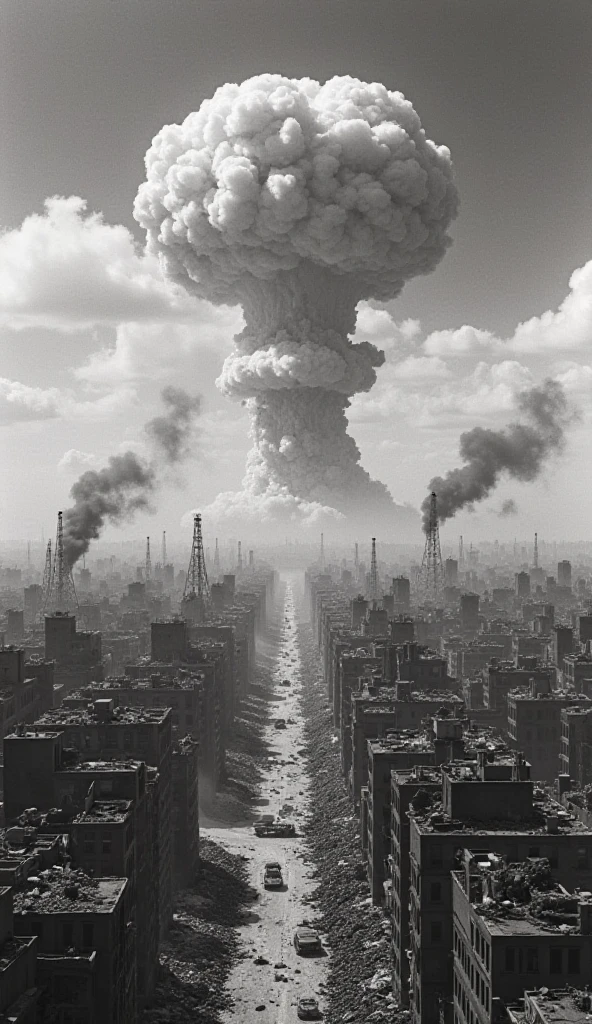 a black and white photo of a nuclear explosion in a city, nuclear wasteland, nuclear apocalypse, nuclear aftermath, nuclear attack, looks at the nuclear explosion, atomic explosion, world ending nuke, mushroom cloud on horizon, nuclear explosions paint sky, nuclear bomb blast, nuclear war, nuclear cloud, nuclear winter, post nuclear fallout, nuclear explosion, mushroom cloud in the background