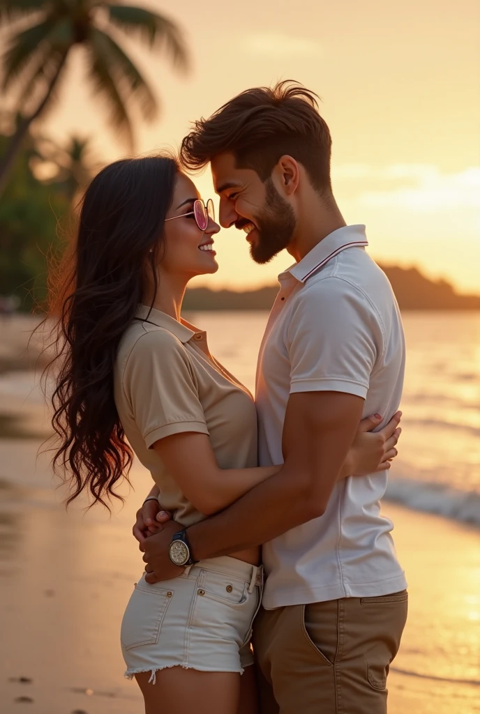 A teenager girl who wears a black and white colour horizontal line t shirt hugging tightly a teenager boy who wears a dark green colour hoodie and blue colour denim pant with little bit of beard  in beach side with lots of trees in sides to convince him in front of waves