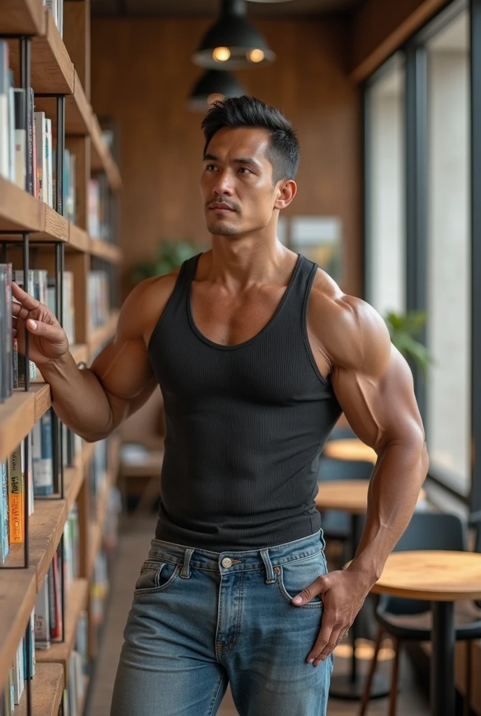 best quality, masterpiece, extremely detailed, masculine, 25 year old muscular bodybuilder indonesian man, wearing glasses, round face, (muscular bodybuilder), very cheeky smile, fitted clothes, glowing quartz crystal pendant, leaning against bookshelf, holding out hand towards camera, in library, afterhours, lights off, at midnight, cinematic shadows, dreamy atmosphere, perfect face, perfect hands, perfection