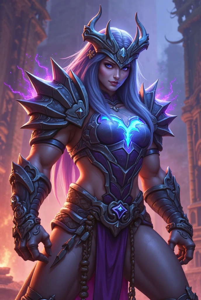 masterpiece, Best Quality, ultra detailed, animated style, fighting, Chaos Space Marine Girl Full Body., blue servo armor, Purple markings with gold trim, Headdress in the shape of two long horns with purple eye details,.Eye tattoos on left cheek., Egyptian style accessory and holds the sorcerer's staff., wearing jacked up boots, Supernatural flame and lightning., standing on the battlefield, Warhammer 40K, 8K high resolution, trend art station, White background, whole body, tall girl