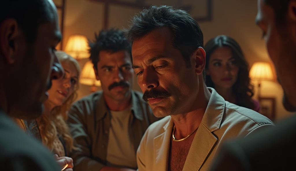 The man in his 45s with black very short hair and smooth face with moustache. The woman in her 45s with brown wavy long hair. They are naked. In the bed, they have sex. Night. Dim and dark environment. UHD. HDR. Cinematic.