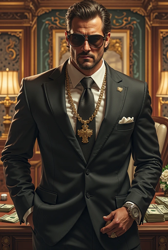 full body standing pose hyperealistic fullbody rich arab man arabian modern style mafia criminal charismatic game character , empty background , holding pistol , (best quality,8k,highres,masterpiece:1.2),ultra-detailed,