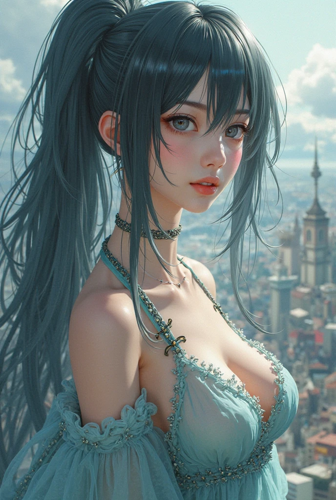 ((((Obra maestra, La mejor calidad, ultrahigh resolution)))), 1girl, standing,), ((long pure blue hair, hair over eye)), long hair cut, shiny skin, ((blue eyes)), glowing_eyes, neon eyes, (ultra detailed eyes:0.7, beautiful and detailed face, detailed eyes:0.9), ((centered)), smirk, facing viewer, ((vibrant background, dark lighting, summer, sunlight)), large chested, looking at viewer, ((half closed eyes)), ((perfect hands)), (((head:1, arms, hips in view, elbows, in view))), ((hands behind back)), empty eyes, beautiful lighting, ((outside, outdoors)), defined subject, head tilt, (((gritty)), ((creepy)), ((cool)), ((beautiful)), (((SFW))), hair ornament, petals in the air, moon in the sky, city, mature woman, adult woman, sfw, pink and white dress, night dress, she is a princess