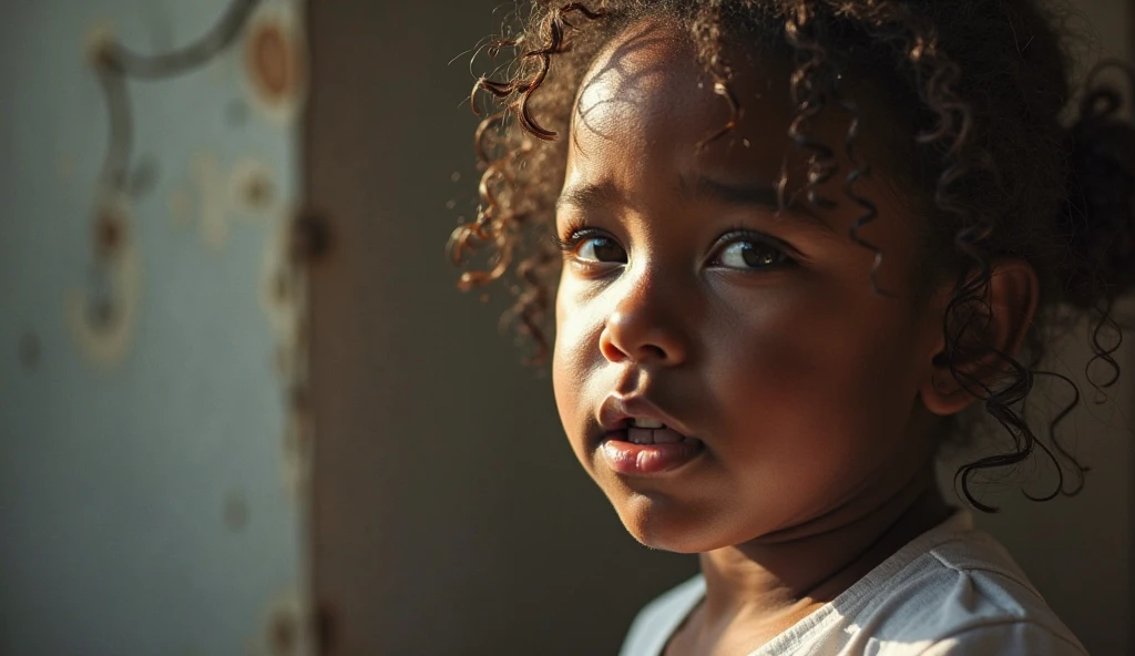 Realistic cinematic image of a snapshot of childhood innocence. A real living & breathing
black girl appearing to be the age oftoddlerde curious gray eyes. With
a cute little dark brown, curly Afro along with a red bowtie on the right side of her hair.
As she is sits on a couch, clutching a small monster truck figure in her hands on her lap.
The spacious light brown & blue material of the couch, with its plush seating, becomes a
stage for the child’s imagination. Dressed in a floral pattern dress with a white t-shirt
underneath, the child’s wide eyes reflect a world of wonder and possibilities. The soft
lighting inside the living room couch enhances the serene atmosphere, inviting onlookers
to reminisce about the simple joys of youth and the adventures that await in every journey.
