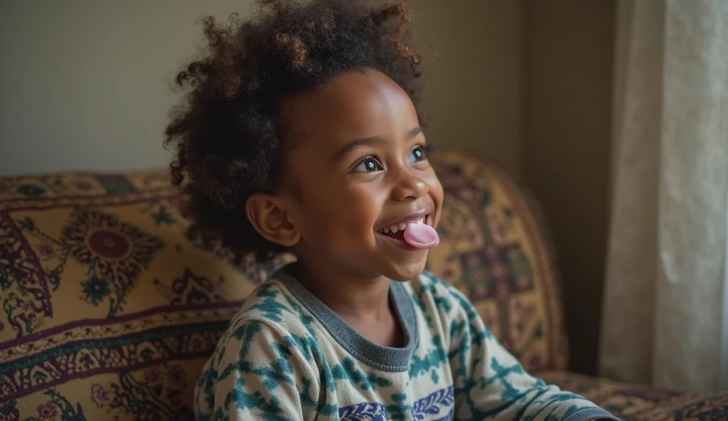 A young 10-year-old girl with curly hair, sitting in a wheelchair, looking out the window with a sense of happiness, smiling, ultra realistic, intricate, 4k details