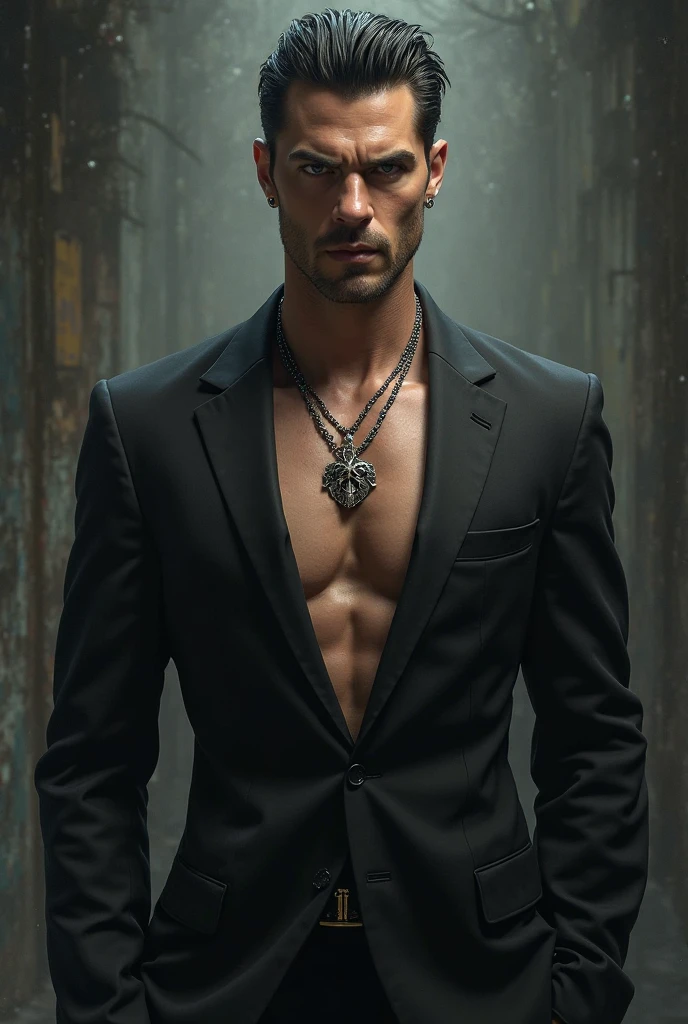 A handsome man with a perfect slim face wearing a long black Dracula suit without a shirt, a cloudy sunset sky, a sun hiding behind a water trail that matches the sun 