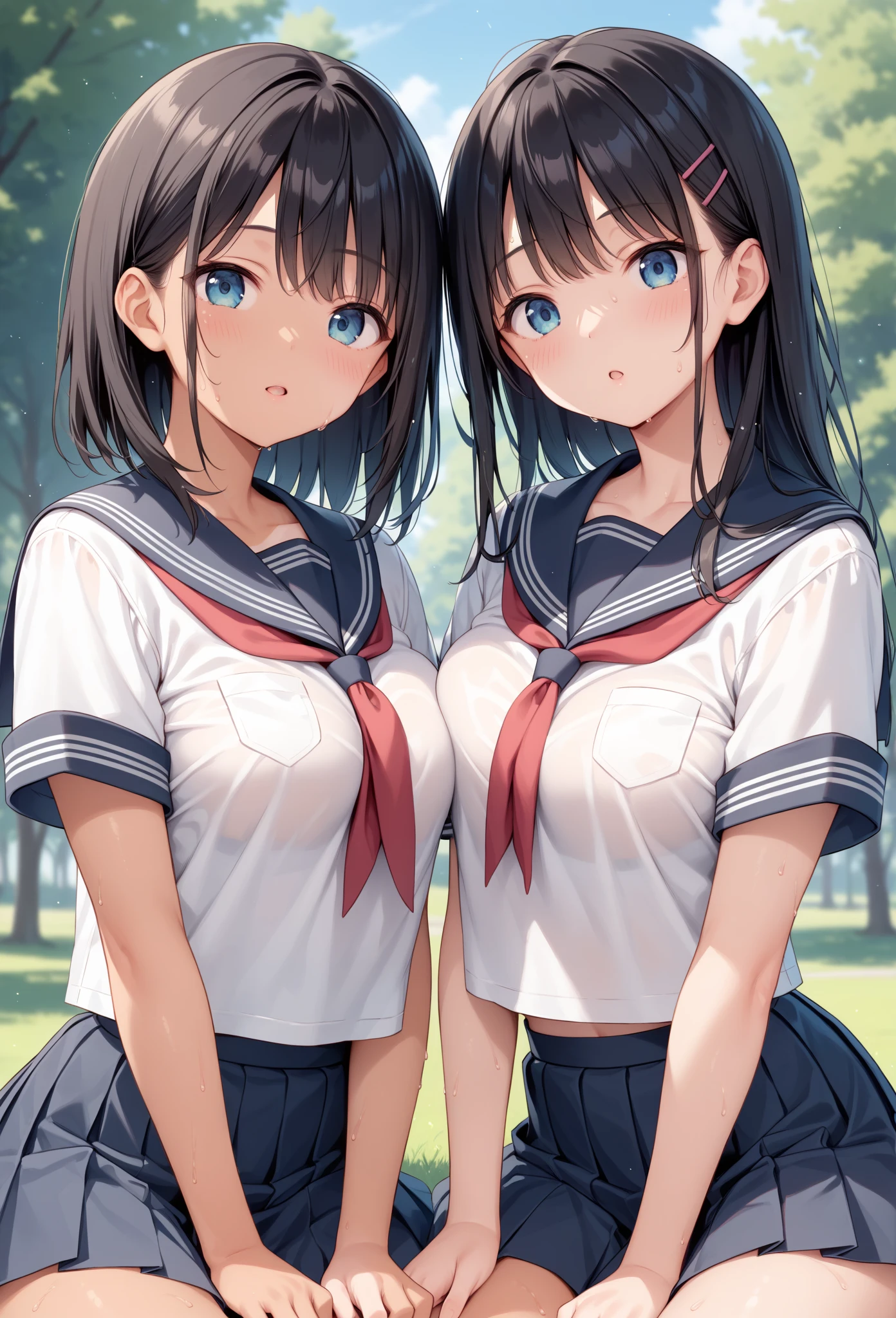 masterpiece, best quality, delicate illustration,ultra detailed skin, Black Hair, (2girls:1.2), (cute), (tan:1.1), (medium breasts:1.1), summer (school uniform:1.2), (sweat:1.2), (Two people playing together:1.2)