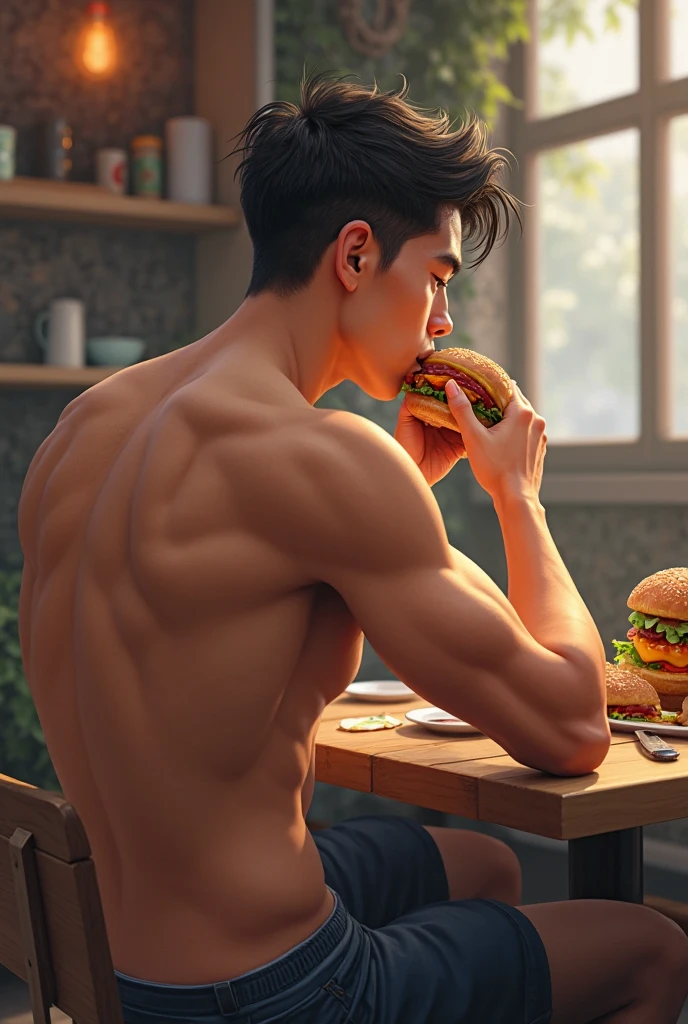 photorealistic, best quality, masterpiece, extremely detailed, very sexy, very homoerotic, extremely handsome, 30 year old muscular vietnamese man, muscular, (laughing), wearing only apron, in kitchen, toasted bread pops out of a toaster, he tries to catch the bread in mid air, extremely romantic atmosphere, perfect face, perfect fingers, perfect hands, perfection