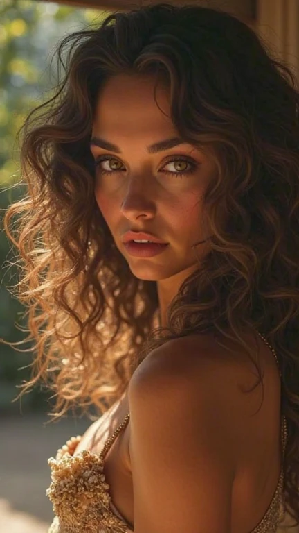 Portrait of an italian young woman in the heart of the bustling city during the golden hour using a DSLR with an 85mm prime lens, aiming for a dreamy and peaceful mood in a close-up shot with f/1.8 aperture, 1/320 sec shutter speed, and ISO 100 from a normal angle and eye line. Her long, wavy chestnut hair cascades down her back, framing her elegant features. Expressive brown eyes gazing directly at the viewer. Her rosy lips are parted slightly, revealing a hint of a playful smile. Sweaty.