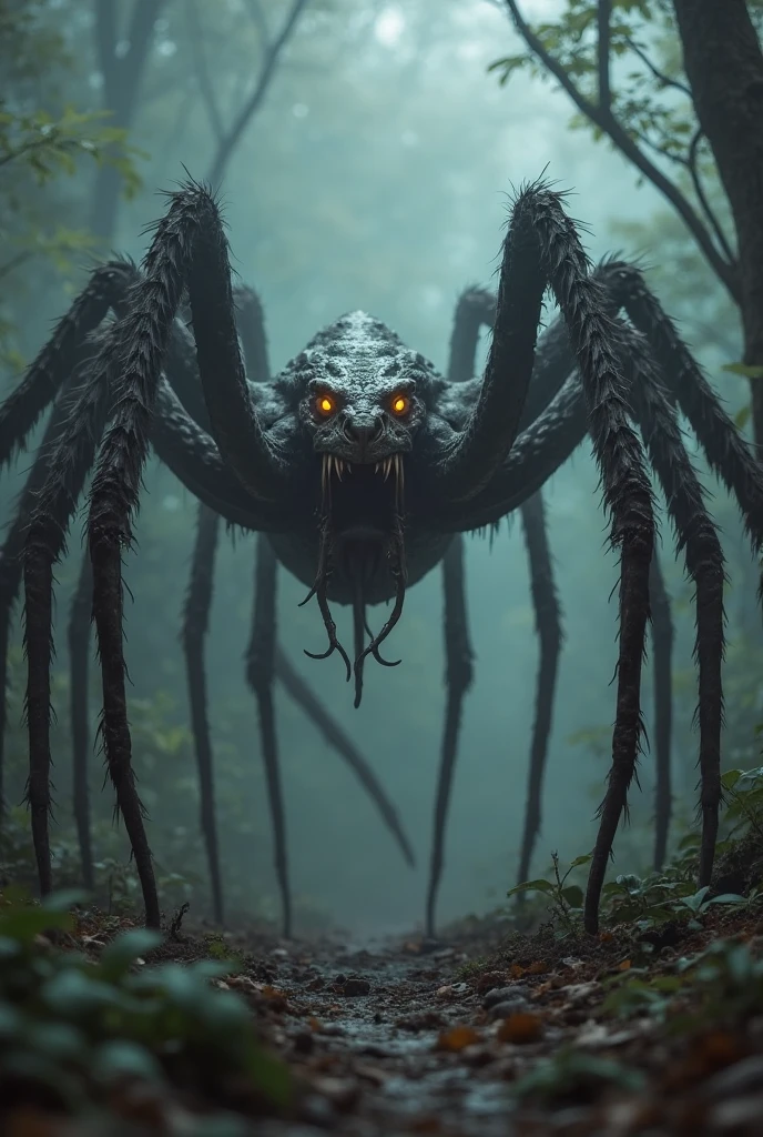 A dangerous creature in a mysterious nature, legs like a spider, head like a predator. Realistic view.