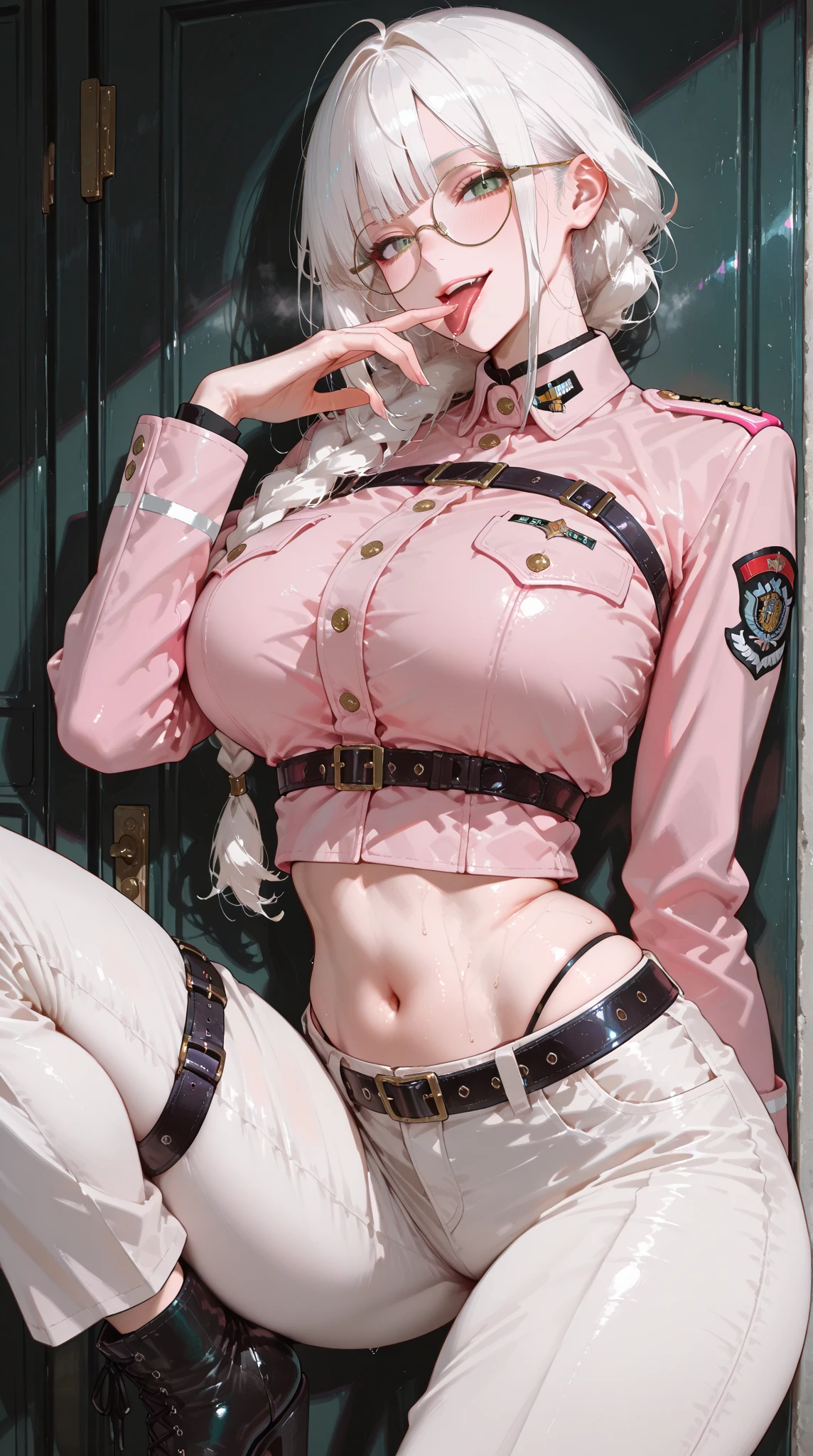 photorealistic, high resolution, 1women, shining skin, solo,, hips up, jewelry, pink lips, short pink blonde hair, closed mouth, school uniform, room