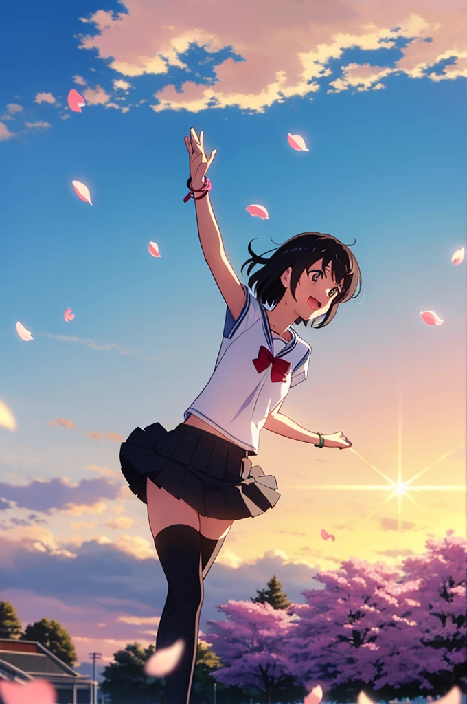 modelshoot style, masterpiece, absurdres, best quality, perfect anatomy, shinkai makoto, kimi no na wa., 1girl, bangs, (two-tone hair, pink hair, black hair), brown eyes, blush, solo, idol, short hair, white hair flower, ribbon, bow, standing on one leg, armlet, bracelet, arm ribbon, thighhighs, outstretched arm, petals, red headband, floating hair, dynamic pose, cinematic angle, cowboy shot, light particles, sparkle, beautiful detailed eyes, shiny skin, shiny hair, sunbeam, wide shot, depth of field, backlighting, day, beautiful clouds, gradient sky, dappled sunlight, contrail, outdoors, reflective floor, park, flowery meadow, wind, cute, smile, open mouth, :D, cheerleader, pom pom \(cheerleading\), collarbone, holding pom poms, layered skirt, pleated skirt, short sleeves, outdoors, school