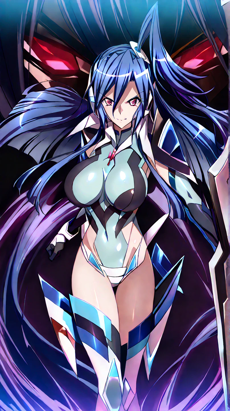 Evil magical girl in exhibitionist costume standing alone. Her outfit consists of latex fabric and transparent tights. chastity belt. She wears sharp black bikini armor. Sharply angled hair ornament on her head. Sharp claws on her fingertips. Heart tattoo around her navel. dark Blue eyes shining with light. dark Blue Hair. Ecstasy expression. Futuristic machine on background