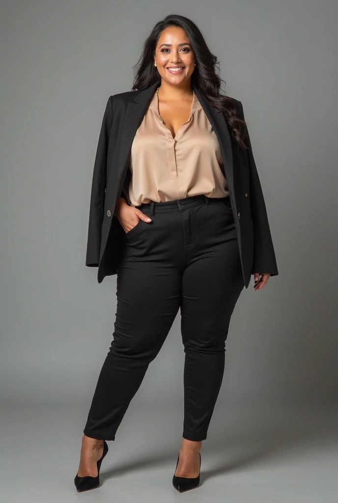 You can create a full body honey-colored curly haired woman with black boots and a bag on the side with soft black flared pants and a gray short closed blazer with a short-sleeved short-length blazer
