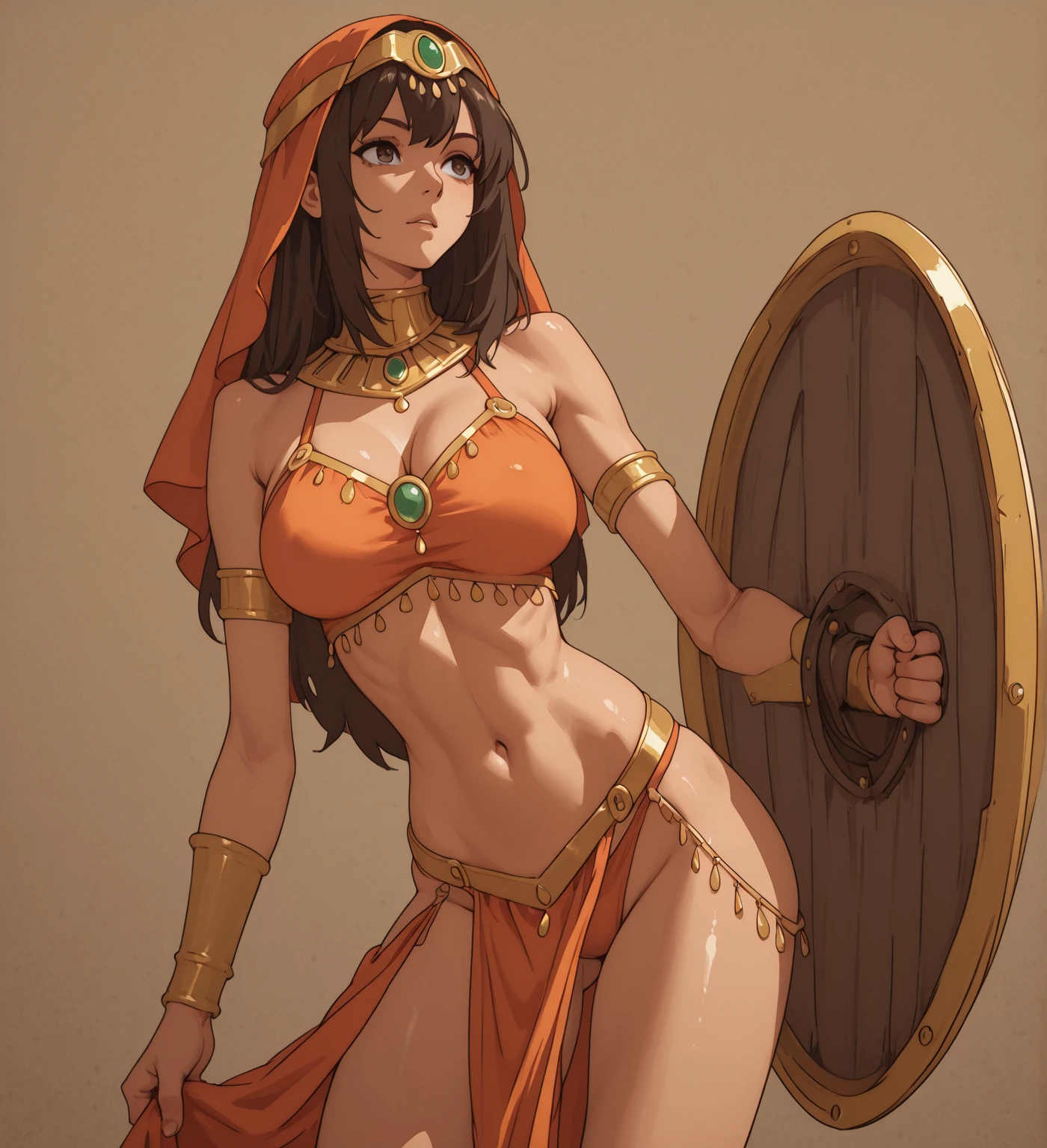 ((Masterpiece)), 8k wallpaper, kousaka honoka, blue eyes,skshonoka, beautiful urban female model,facial details,glowing eyes,detailed body part details,looking at viewer,(one hand on hip one hand on hair),thighs,navel, cleavage,(golden Egyptian dress),tiara,in Egyptian desert,sun and pyramid in background.