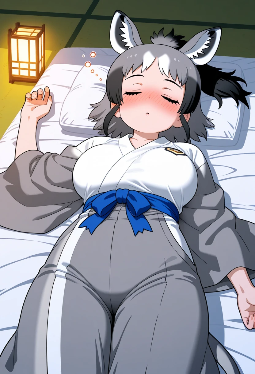 1girl, anthro, furry, fur, fluffy fur, toriel, white sleeves, long sleeves, long dress, wide sleeves, purple dress, closed eyes, white fur, thick thighs, curvy, wide hips, snout, white horns, goat girl, goat horns, (49 years), (mature woman), solo, (bedroom), sunset, detailed, blush, laying on bed, (sleeping), (chubby), from behind, butt, butt focus, score_9, score_8_up, score_7_up, score_6_up, score_5_up, score_4_up
