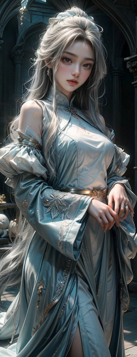 Ms. Luna, the fantasy literature professor, is a woman in her mid-30s with an ethereal aura about her. She has long, curly silver hair that falls down her back like a river of moonlight, and her eyes are an piercing shade of indigo, reminiscent of a clear night sky. Her skin has a warm, golden undertone, as if kissed by the sun.
She often wears flowing, bohemian clothing with intricate lace and embroidery, in shades of purple, blue, and green, which complements her mystical and artistic nature. Around her neck, she wears a delicate silver pendant in the shape of a Celtic knot, symbolizing her love for mythology and the interconnectedness of all things.
Her smile is warm and radiant, capable of lighting up a room and making everyone feel welcome and at ease. She carries herself with grace and poise, moving with the fluidity of a dancer, and her presence is both calming and inspiring, like a gentle breeze on a summer's day.