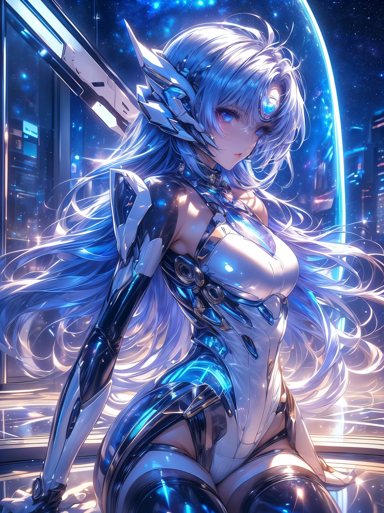  Full KOS-MOS    ， ((  holographic glossy effect))， score_9,  score_8_Excellent,  score_7_Excellent, 32K ，detailed description 、((  highly detailed CG integration  ),  CGSoation Trends、  super real, cowboy shot, ，  very detailed with bubbles顔 、Bluish purple hair、  straight hair ,  shiny pretty hair 、 white shiny skin 、 sexy cyberpunk girl 、  fiberglass  、Light emitting tube、(( dark blue eyes :1.4, Clear Eyes,  Board with Detailed Eyes  ，  Beautiful eyelashes ))、Neon Details、 Mechanical Hand 、 mechanical spine attached to the back 、Mechanical neck wrapped around the neck  、  head 、 WHITE LATEX HI-LEG LEOTARD (( Valkyrie ))、  high heels，(( standing+Satu Pose))，(( Sexy Model Poses ))、((   Dramatic Graphic Backdrop   ：(( Mirrored floor ))、Blue Moon Object  、light vortex、starry sky  ，)  )，(( best quality)),( super high resolution in the shot),( very detailed with bubbles)