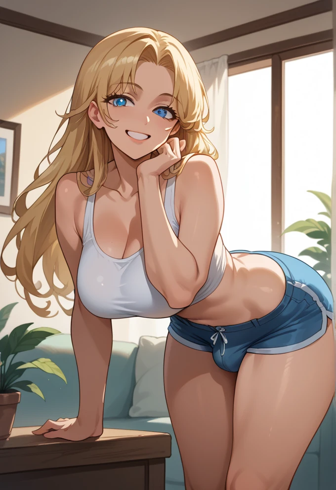 2d, Superb, (Masterpiece), (Full length), (Shiny amber hair:1.6), (Wavy medium hair:1.6), (Brown beautiful girl), (Healthy dark skin), (Sunburn mark), clavicle, (Denim hot pants:1.3), (Tank top), JK,Slender figure ,Glamorous Bare Feet, Leg hair, Brown Eyes, Attractive thighs, Medium chest, bedroom, On the bed, Light from the window, Sexy expression, Sweaty, Wet Hair, Drops from hair,Put your hands on your chest, Breathless, Bold pose