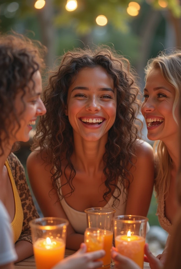 (best quality,4k,8k,highres,masterpiece:1.2),ultra-detailed,(realistic,photorealistic,photo-realistic:1.37),portraits, HDR, bokeh, vivid colors, natural lighting, ladies laughing and dancing, colorful summer dresses, sparkling champagne glasses, beautiful detailed eyes and lips, barbecue grill, delicious grilled food, smoke rising from the grill, vibrant backyard garden, green grass, blooming flowers, refreshing sprinkler water mist, joyful atmosphere, sunlight filtering through trees, summer evening sky, party decorations, cheerful music, happy faces, joyous celebration, fun and relaxation
