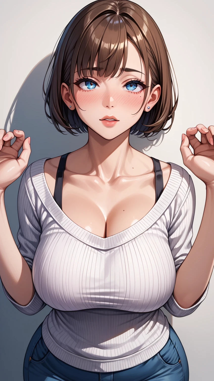 A woman, large breasts, detailed pussy, breasts exposed, extremely detailed face, detailed skin, highly detailed, 8k, hyper detailed, masterpiece, short hair, white shirt, black pants