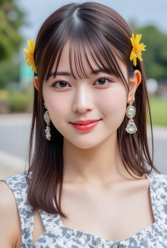 masterpiece、Highest quality, Ultra-high resolution、8k，photograph、1 girl, (Skin dents), (Large Breasts:1.5), bright, Blurred Background, (Flower Hair Ornaments,Braided top knot,Twisted Side Part Ponytail Braided Headband,Half Up、Braided Space Van,Voluminous fishtail braid,Twisted pan),(Asymmetrical bangs)、（Loose fitting blouse）、(Loose chest)、(Sunburn marks on chest)、(Deep cleavage)、(soft, drooping udder)、The best smile that makes people happy、Her narrow, upturned eyes are super cute、grassland、Spring Sky、Soft sunlight
