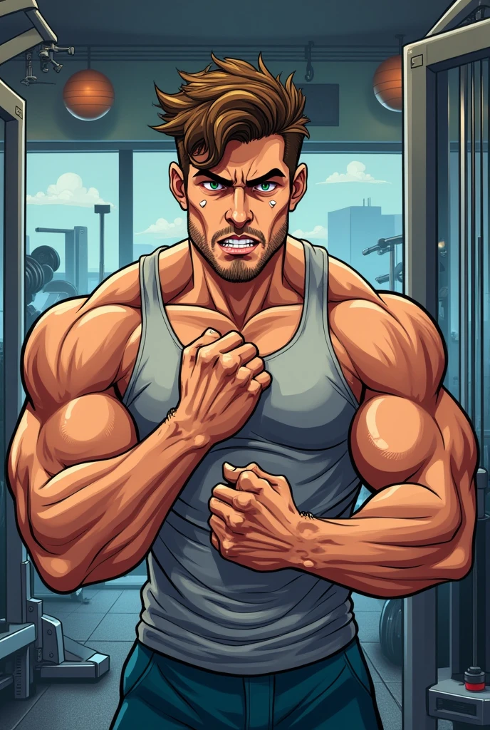 Cartoon style hurt face bodybuilder man in gym bigger biceps