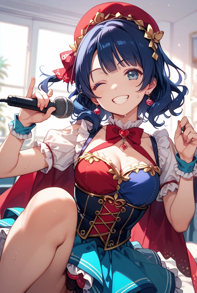 idol dancing in front of a microphone, ((1girls:1.3)), ((moe style:1.3)), idol, microphone, dancing, ((large breasts:1.3)), ((centerfold:1.3)), ((extremely feminine:1.3)), perfect hands, ((perfect face)), ((extremely cute:1.3)), ((masterpiece)), ((8k)), ((best quality)), ((beautiful)), ((extremely detailed:1.3)) , ((absurdres)), AddXL, ((score_9:1.3)), ((score_8_up:1.3)), ((score_7_up:1.3)),
