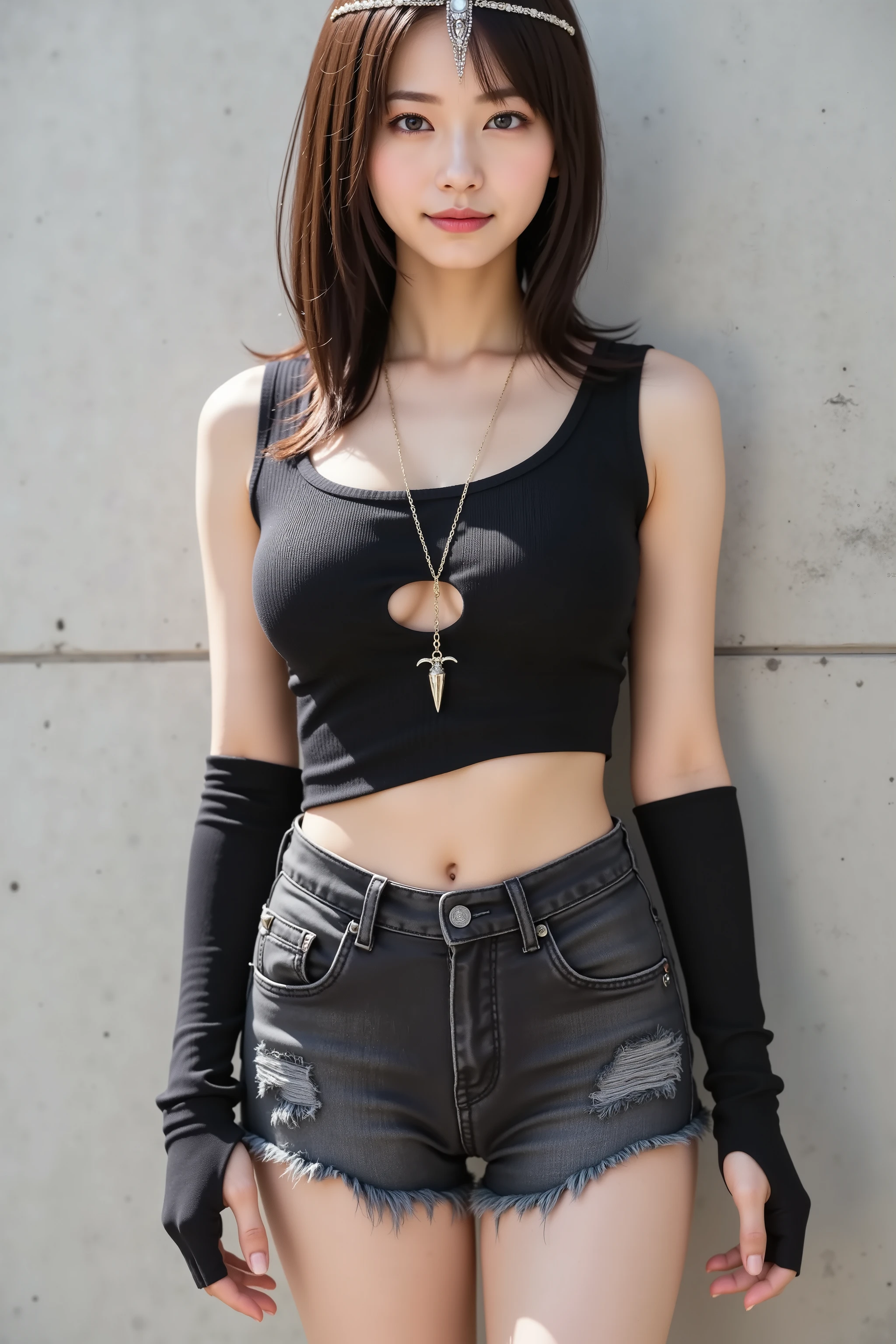 misaki, huge breast, by adjusting the framing so the subject's full head is visible within the composition, with the crop showing only from just above the bust to slightly above the top of the head. Ensure there is a comfortable amount of background space above the head to establish spatial context. a highly realistic digital illustration of a young woman in a modern edgy outfit standing against a plain, industrial-style wall, by adjusting the framing so the subject's full head is visible within the composition, with the crop showing only from just above the bust to slightly above the top of the head. Ensure there is a comfortable amount of background space above the head to establish spatial context. She is wearing a black sleeveless crop top with a high neck and a circular cut-out positioned over the chest.
The ribbed fabric fits snugly across her torso, ending just above the navel and exposing the midsection. A thin gold necklace with a silver fang-shaped pendant hangs around her neck. The top's wide armholes leave the sides of her torso uncovered, giving the outfit a daring look.
She pairs it with distressed low-rise denim shorts in faded black-gray, with frayed hems and visible threads. The shorts include belt loops, a button fly, worn patches, and distressed detailing around the front pockets, enhancing the rugged style.
On her arms, she wears long black fingerless gloves made from a glossy synthetic material, extending just past the wrists. A silver ornamental headpiece with a single jewel sits centered on her forehead, its design suggesting a subtle fantasy influence.
The background is a bare concrete wall, slightly rough in texture with scattered marks. Directional lighting from above and to the side casts shadows that define the figure and emphasize the contrast between skin, fabric, and metal. The overall scene merges street fashion with minimal fantasy styling for a striking urban aesthetic.