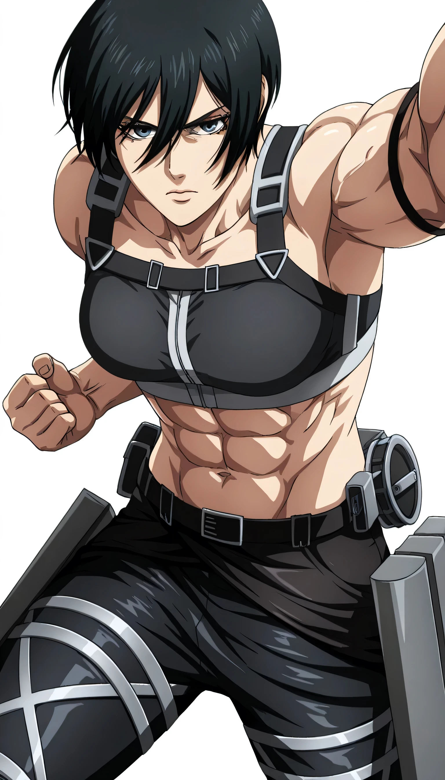 anime coloring, anime screencap, mikasa ackerman, 1girl, solo, short hair, black hair, towards viewer, badass, closed mouth, black sport bra, , belt, black pants, standing, cowboy shot, reaching towards viewer,, white background, simple background, masterpiece, best quality, highres, very aesthetic, very awa, newest, amazing details, intricate details, ultra detailed,six-pack,bluge between mikasa legs indicates that she have non erect penis,tone six-pack,lean,Matching design own anime,metal muscles designed,sexual pelvis muscles,mikasa handsome face,mikasa princes face,serratus anterior muscles,moderate body size, use her fist to punch air,dynamic air punch,