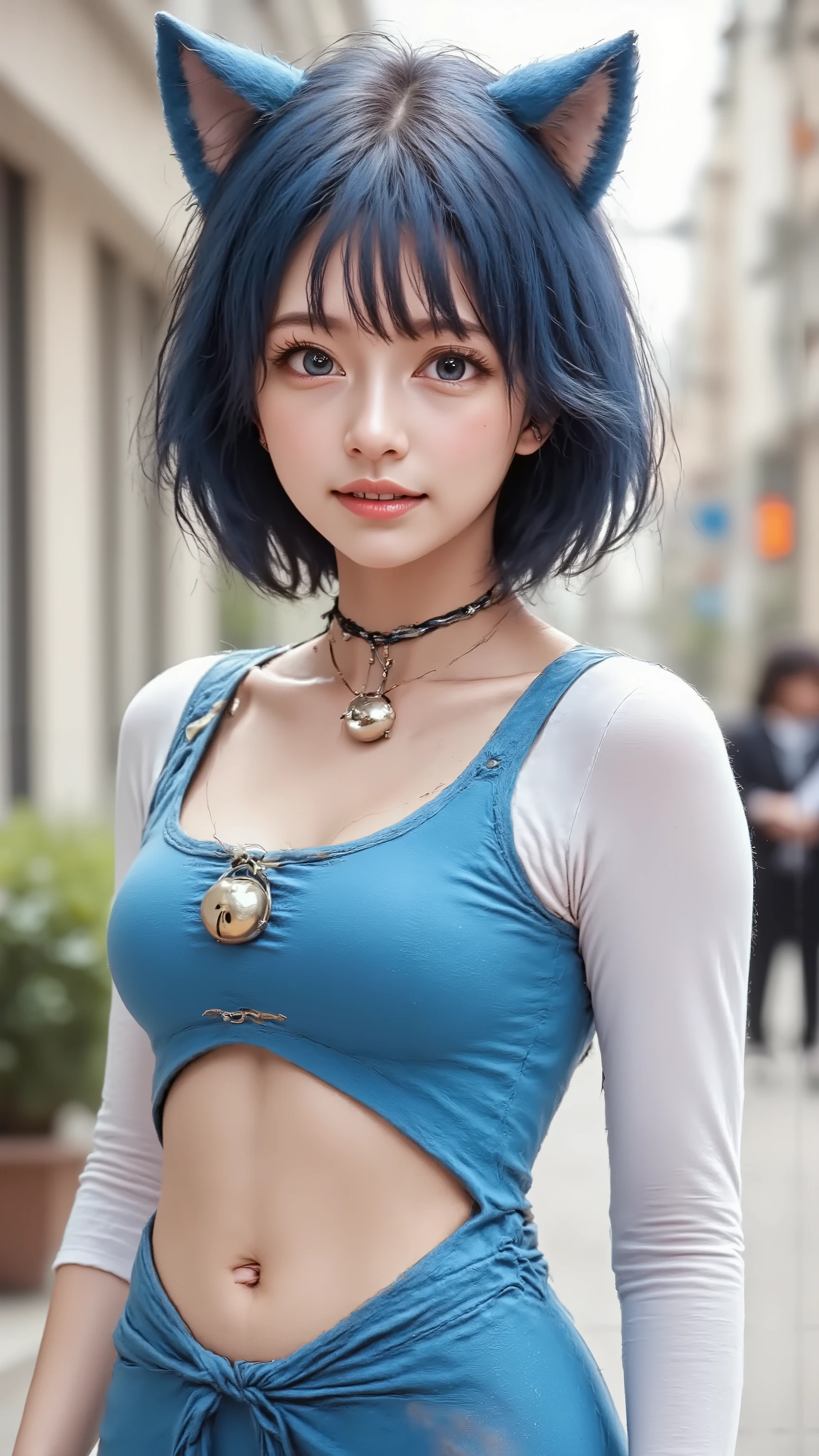 (Clothes of the Future,Doraemon Costume, blue cat ears:1.2,blue hair:1.2, round goggles:1.2, white shirt,blue long-sleeved ,big breasts,four-dimensional pocket on its stomach ,the pocket is half-moon shape ,a big bell on choker),(Doraemon Costume:1.1),clothes of the Future,cowboy shot