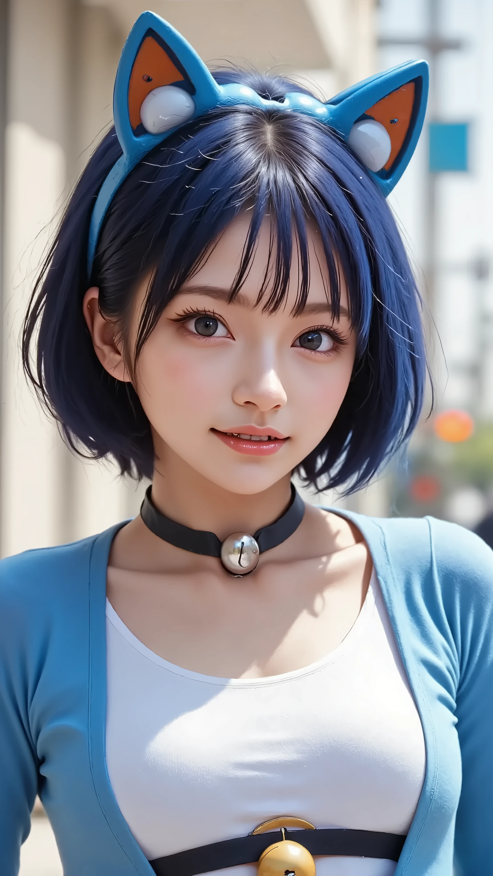 (Clothes of the Future,Doraemon Costume, blue cat ears:1.2,blue hair:1.2, round goggles:1.2, white shirt,blue long-sleeved ,big breasts,four-dimensional pocket on its stomach ,the pocket is half-moon shape ,a big bell on choker),(Doraemon Costume:1.1),clothes of the Future,cowboy shot