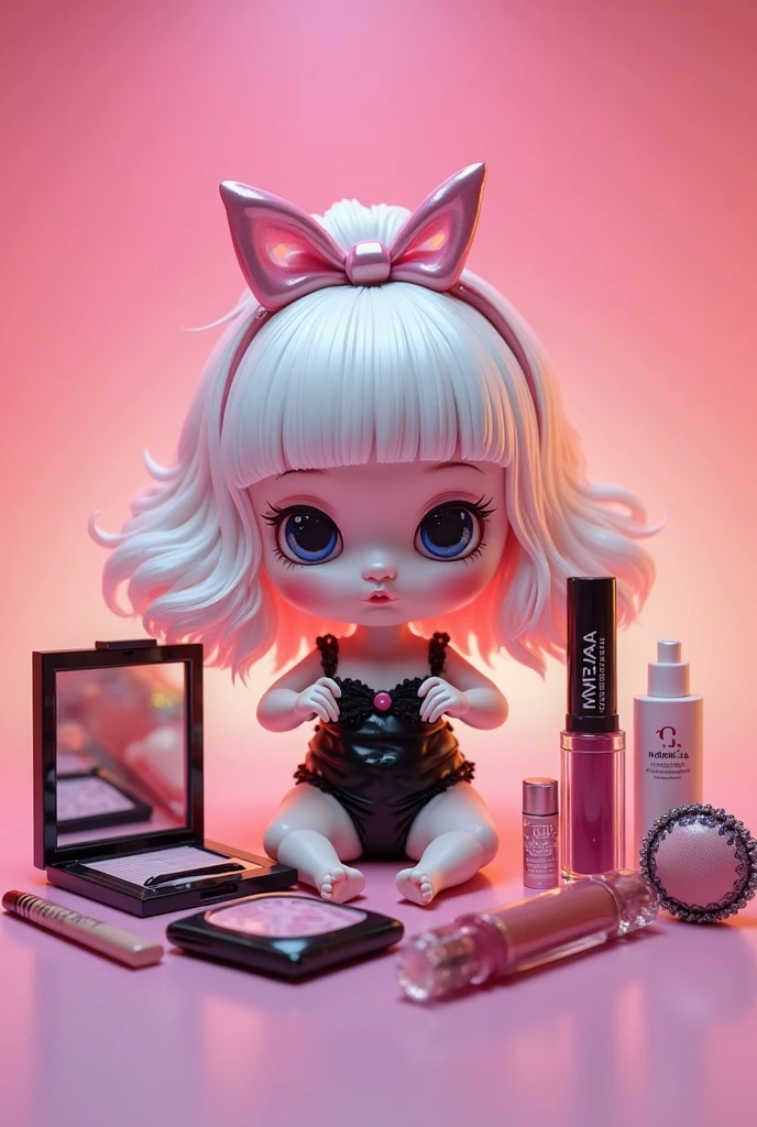 Close-up of a doll wearing sunglasses and a purse、Highly detailed 3D chibi character with white messy rolled up hair、Characters、Wearing a fluffy topless、Pants、Pink baggy pants、Characters、High cut boots、Real