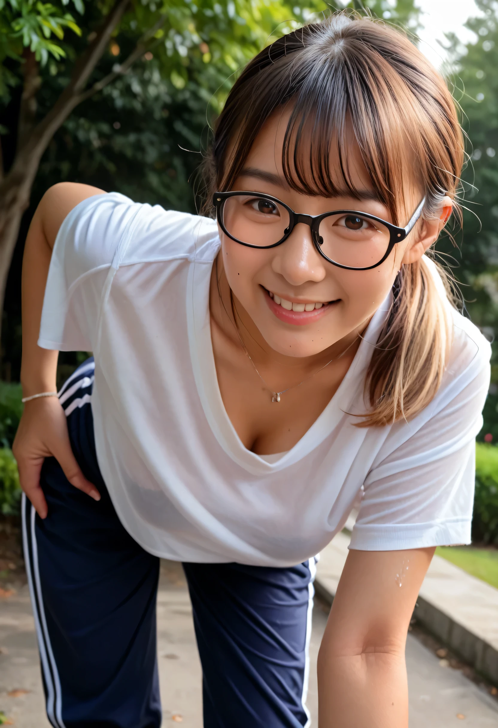 score_9, score_8_up, score_7_up, score_6_up, score_5_up, score_4_up,
extremely quality photo, sharp focus, epic realism,realistic, source_photo, proper alignment,32k,(photo realistic:1.3),small face,medium shot, BREAK 1 girl,cute Asian,cute Japanese,(light blonde medium ponytail hair:1.2),(athlete body,six pack),(tan skin),tanline, (medium breasts),cute face, pretty, beautiful detailed brown eyes, intricate details, realistic lighting, artistic photorealism,beauty, portrait, (wearing navy track pants:1.3),camel toe,(wearing loose white t-shirts),black bra,(sweaty),day,(park),smile,(leaning forward),(glasses:1.3),