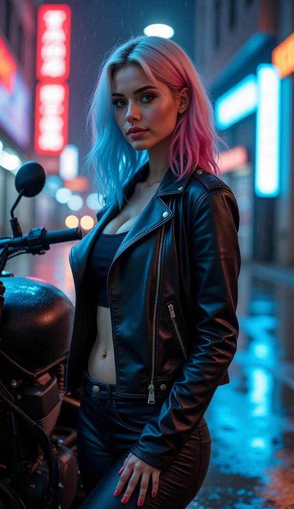 masutepiece, Best Quality, Confident cyberpunk girl, Full body shot, ((Stand in front of the motorcycle)), Pop costumes inspired by Harajuku, Bold colors and patterns, Eye-catching accessories, Trendy and innovative hairstyles, Bright makeup, Cyberpunk dazzling cityscape, Skyscrapers, neon signs, led lights, Bright and vivid color scheme, Anime, Illustration, Detailed skin texture, Detailed Cloth Texture, beautifull detailed face, Intricate details, ultra-detailliert.