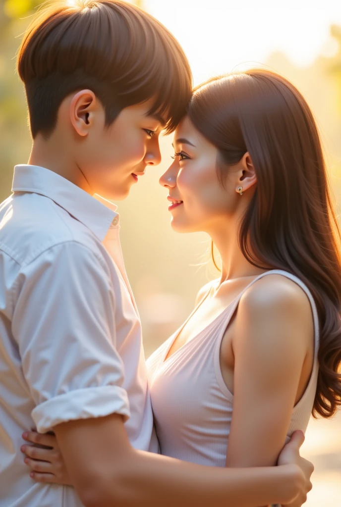 a couple in a park,enjoyable,heartwarming,affectionate,romantic atmosphere,sunny day,green grass,fresh air,blooming flowers,beautiful scenery,happy smiles,dressed in stylish clothes,hands held,walking leisurely,gentle breeze,clear blue sky,happiness and love,fond memories,togetherness,lasting bond,cherished moments,natural lighting,vibrant colors,soft shadows,lively details,artistic portrait,high-quality digital painting,ultra-realistic,finely crafted figures,expressive eyes and lips,intimate connection,cheerful and relaxed expressions,loving glances【best quality,ultra-detailed,realistic:1.37】,warm color tones,subtle highlights and contrast,glowing sunlight