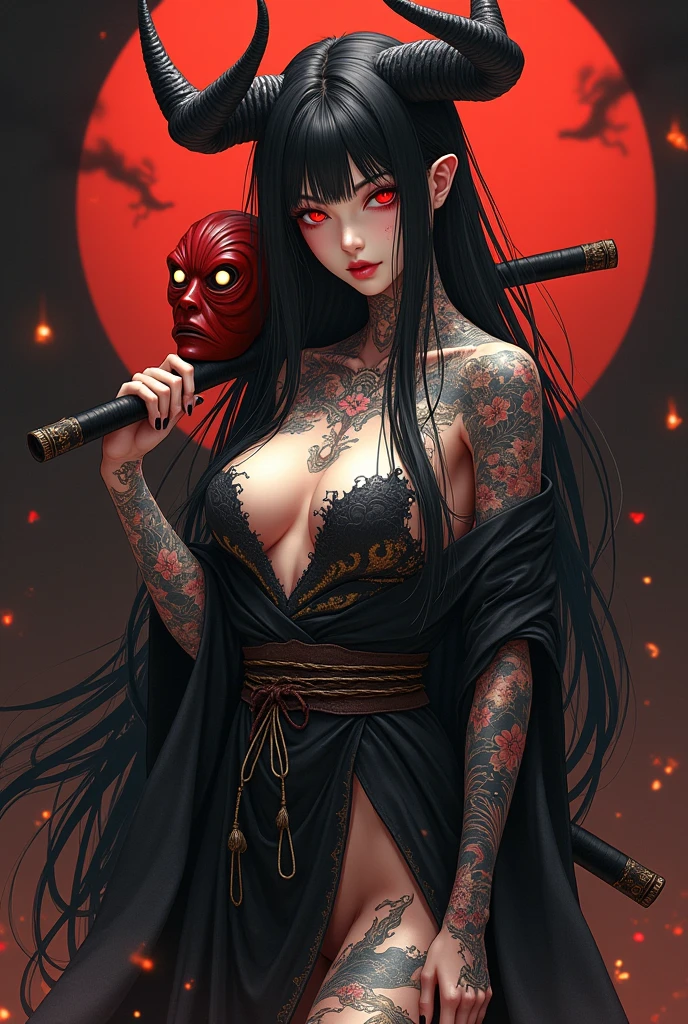 (fotorrealista:1.3), obra maestra, Mejor calidad, (detalles intrincados:1.2), (escenario:1.3), Hermoso rostro, (tema negro:1.3),
(((1 chica, A girl in a patterned kimono holding a dagger in her hand, (Mira Veiwer:1.3), (tatuaje de cara:1.2), Small oni horn,
))), cuerpo completo, Dividido por la mitad