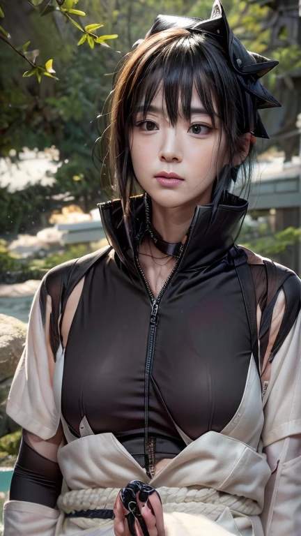 (Realistic, photo-Realistic:1.37),(8k, RAW Photos, Highest quality, masterpiece:1.2), cute, Ultra-detailed, 超High resolution, Kodak Vision Color, Filmed with an Arricam LT camera,Highest quality, sexy、Nipples are visible、Cleavage、Lively, 8K, High resolution, 1 girl, Escape, (Professional Lighting), (Portraiture:0.6), Moss-covered Japanese garden、bamboo forest、bamboo forestの中を駆け抜ける、moonlight、Japan House、Ninja House、ponytail、Black Hair, (Medium Hair),21 years old、slender、With an evil smile、With a shuriken、Japanese,Medium Hair、(RAW shooting, Photorealistic:1.5, 8k, Highest quality, masterpiece, 超High resolution), Ninja with weapon in hand, Slim female ninja holding a sharp dagger:1.3, Fight:1.2, beautifully、aesthetic, キュートでsexyな美女, Perfect Style:1.2, Wear an exquisite ring, Fair skin, Very beautiful face, A faint smile, (Wearing a turtleneck ninja outfit), Cowboy Shot, No mask, ninjitsu pose, Neon Light, ninjitsu style, Magic Light, Chakra Light, aura