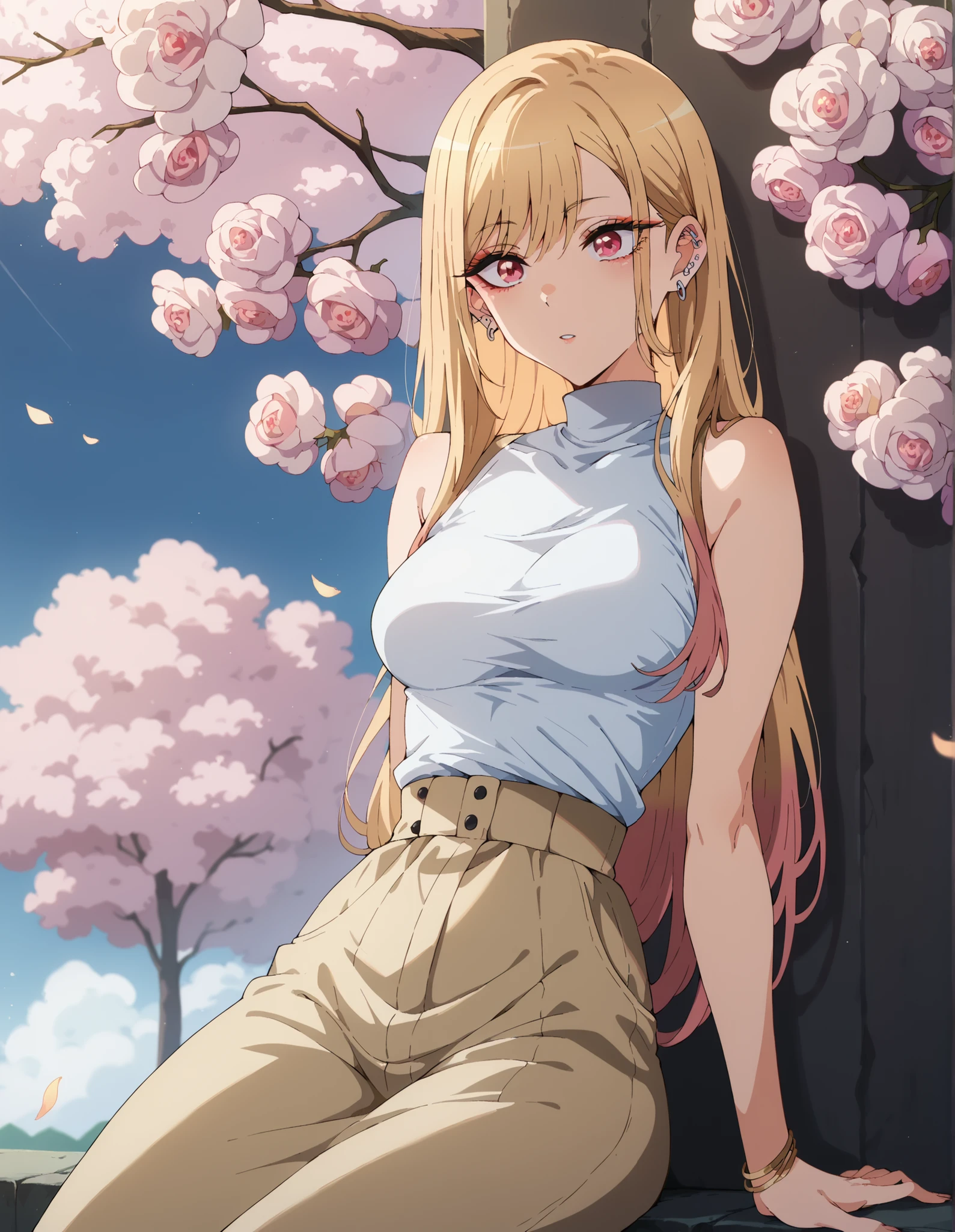 KitagawaMarin, multicolored hair, blonde hair, long hair, magenta eyes, ear piercing, earrings, makeup, medium breasts,