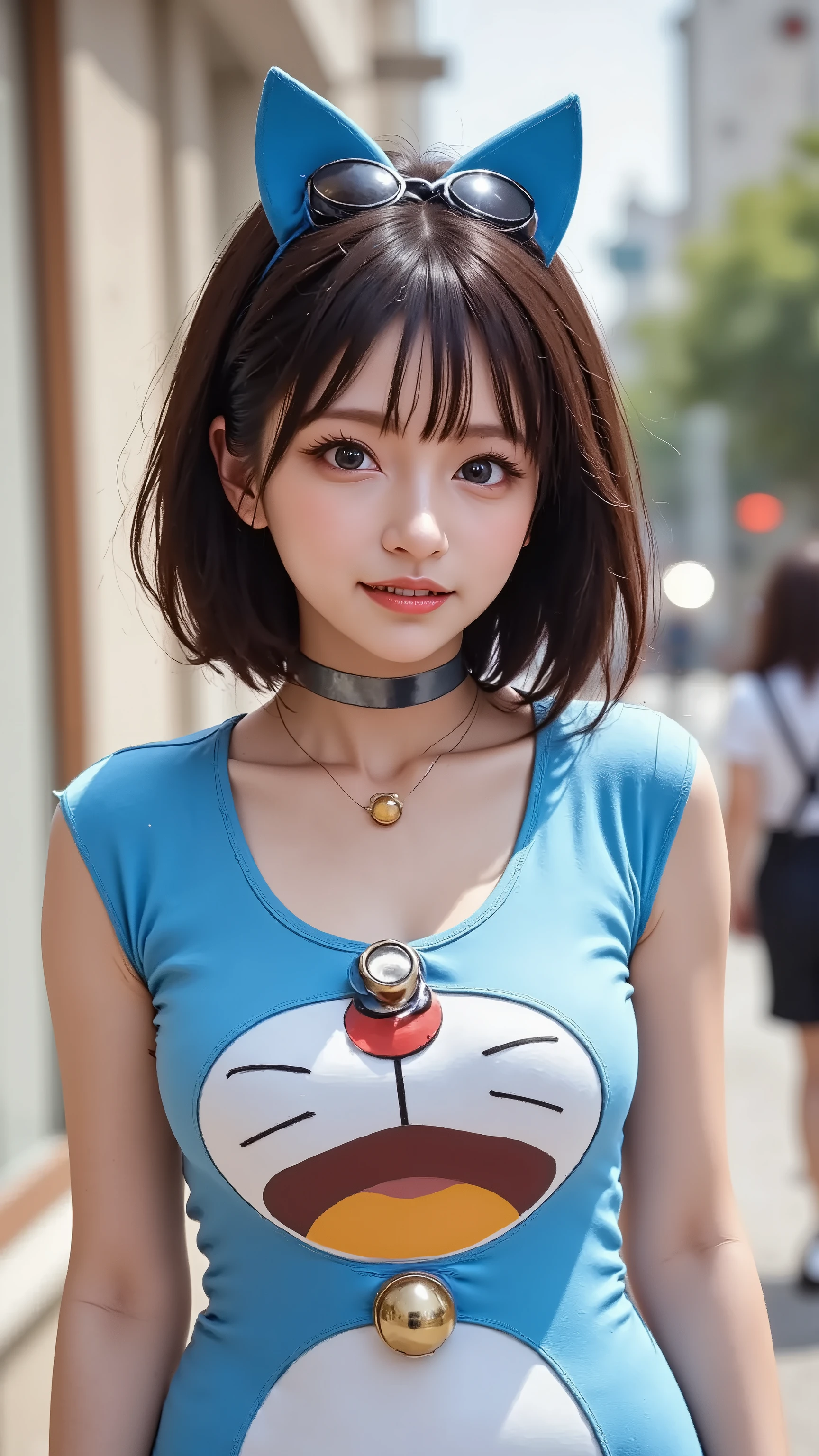 (Clothes of the Future,Doraemon Costume, blue cat ears,blue hair, round goggles,big breasts,four-dimensional pocket on its stomach ,the pocket is half-moon shape ,a big bell on choker),Doraemon Costume:1.5),cowboy shot