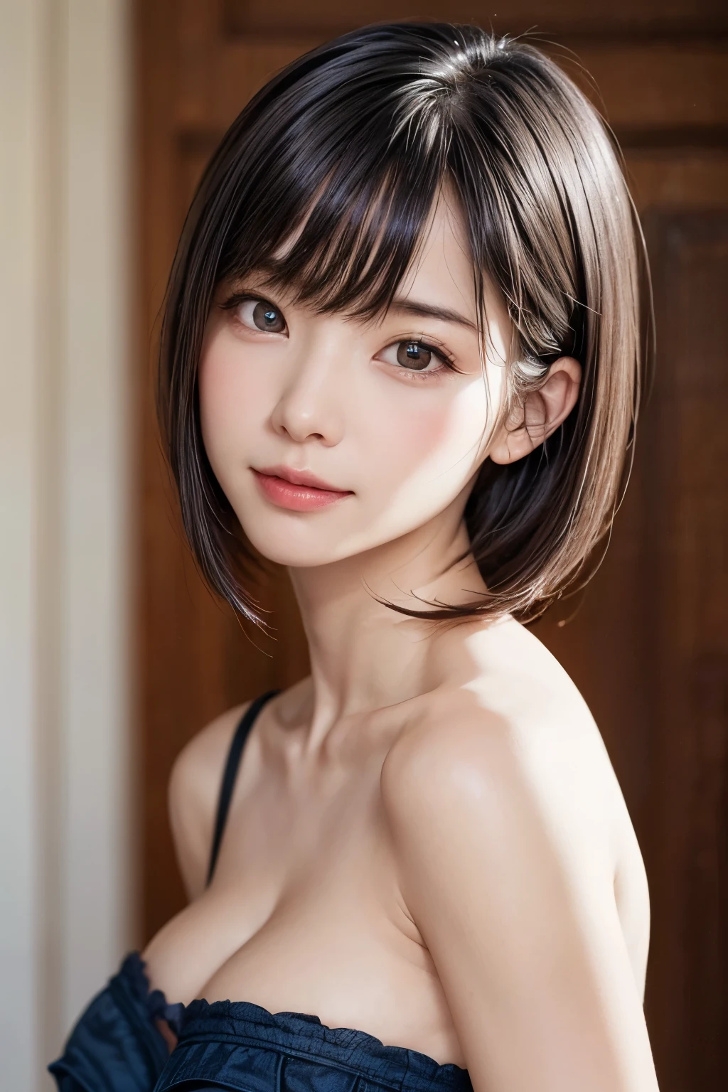 zydG, 1girl, detailed skin, looking at viewer, brown eyes, (short hair with bangs:1.2), (medium breasts:1.0), (medium areolae:0.8),
(photorealistic:1.4), (best quality:1.0), (ultra highres:1.0), 8k, RAW photo, (masterpiece:0.2), (pureerosface_v1:0.5)