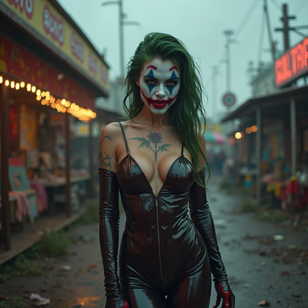 {
  "prompt": "A faithful female version of the iconic Joker from DC Comics, reimagined with a seductive yet psychotic allure, wearing sexy, thematic attire while posing in a popular Japanese setting. She has pale white skin and wild, vibrant green hair styled in messy, chaotic curls. Her makeup is heavy and smeared, inspired by Heath Ledger’s Joker, with dark, hollow eyes surrounded by smudged black makeup and a blood-red, twisted smile that extends unevenly beyond the corners of her mouth, creating a chilling yet irresistible grin. She wears a form-fitting, purple crop top with a plunging neckline and a light green high-waisted mini skirt that highlights her toned physique. She completes the look with matching light green high-heeled sandals. She stands confidently in front of a traditional Japanese landmark, such as a pagoda or a torii gate, with the vibrant colors of the setting sun or city lights adding to the ambiance. Her pose is both alluring and provocative, with one hand resting on her hip and the other playfully twirling her green hair. Her gaze is filled with a mix of madness and seduction, creating a striking and unforgettable contrast between her chaotic appearance and the serene beauty of the Japanese backdrop.",
  "size": "1024x1792"
}
