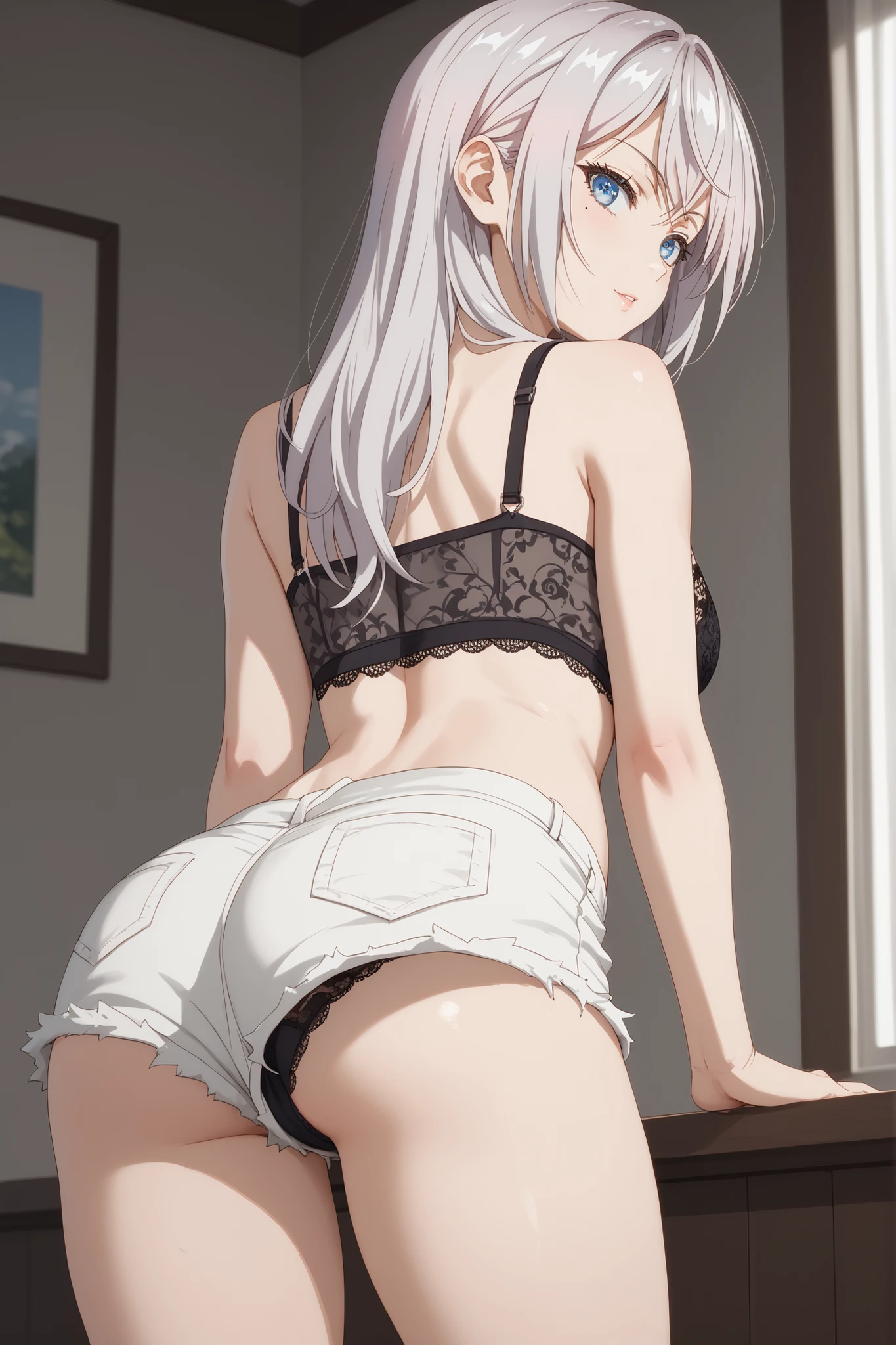 Alisa Mikhailovna ,,upshorts, looking at the black panties, white hair ,detailed blue eyes, camisa, lace bra, character with back, wide shorts showing panties,Short mole , white shorts ,very wide shorts,shorts with small curved segments,long hair,wide shorts showing most of the panties,Very short punched denim shorts