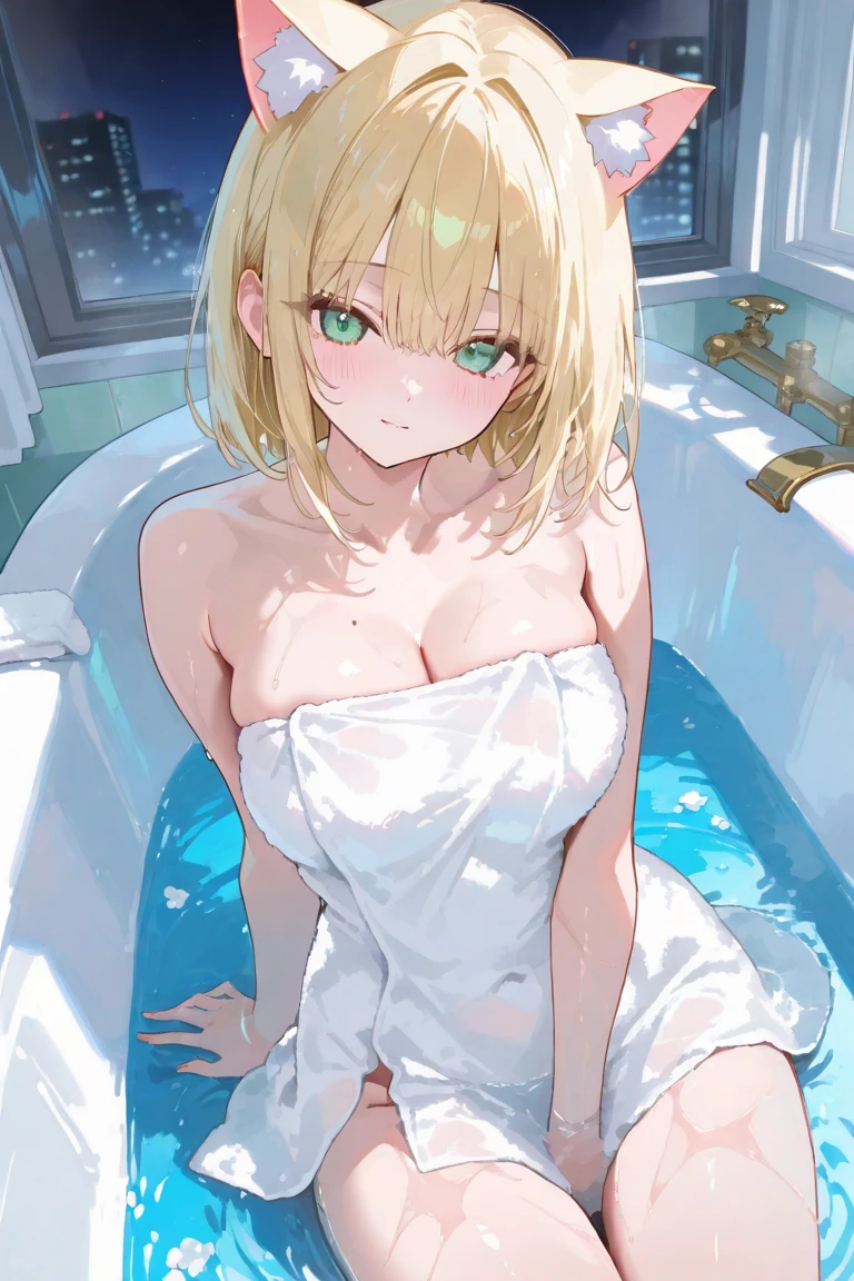 Altas Resoluciones, {saber_fenestaynightufotable:1.15}, rubio_cabello, Ahoge, verde_ojos, cinta, cabello_cinta, trenza, azul_cinta, corto_cabello, anime_colorante, Looking_en_espectador, cabello_entre_ojos, La mejor calidad, Obra maestra,phSaber, phAltoria, 1girl, solamente, Trenza francesa, resplandeciente, tenencia, Hair bun, Parte superior del cuerpo,saber, artoria, green eyes, house, bath, bathing, breasts, armpits, desnudo, nude