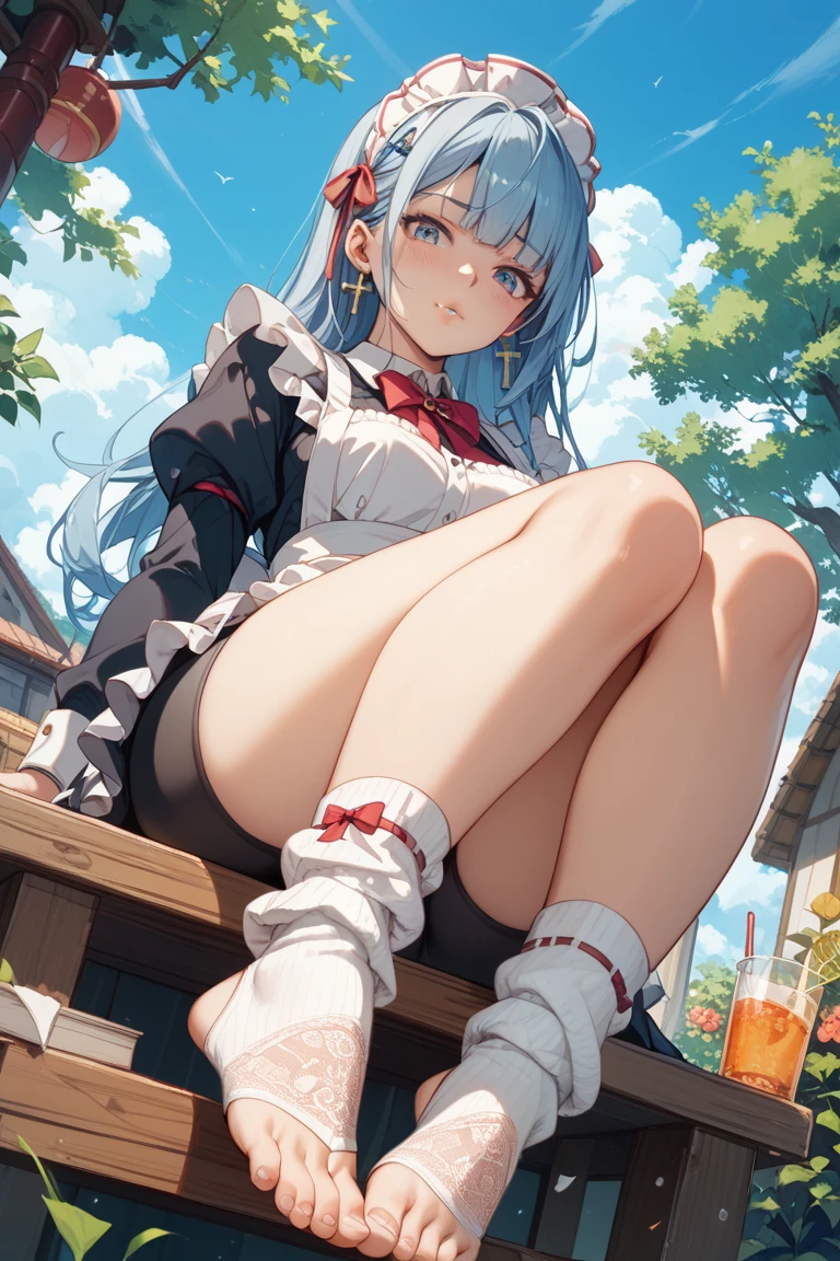 Young girl with grey hair, ((fringed and curly hair)),((curly short twintail)), curly hair ,(red eyes),,, wearing gothic clothing, lolicowalking to school, flirty smile, , (sitting with legs open lifting her skirt to show her vagina wetsemen),