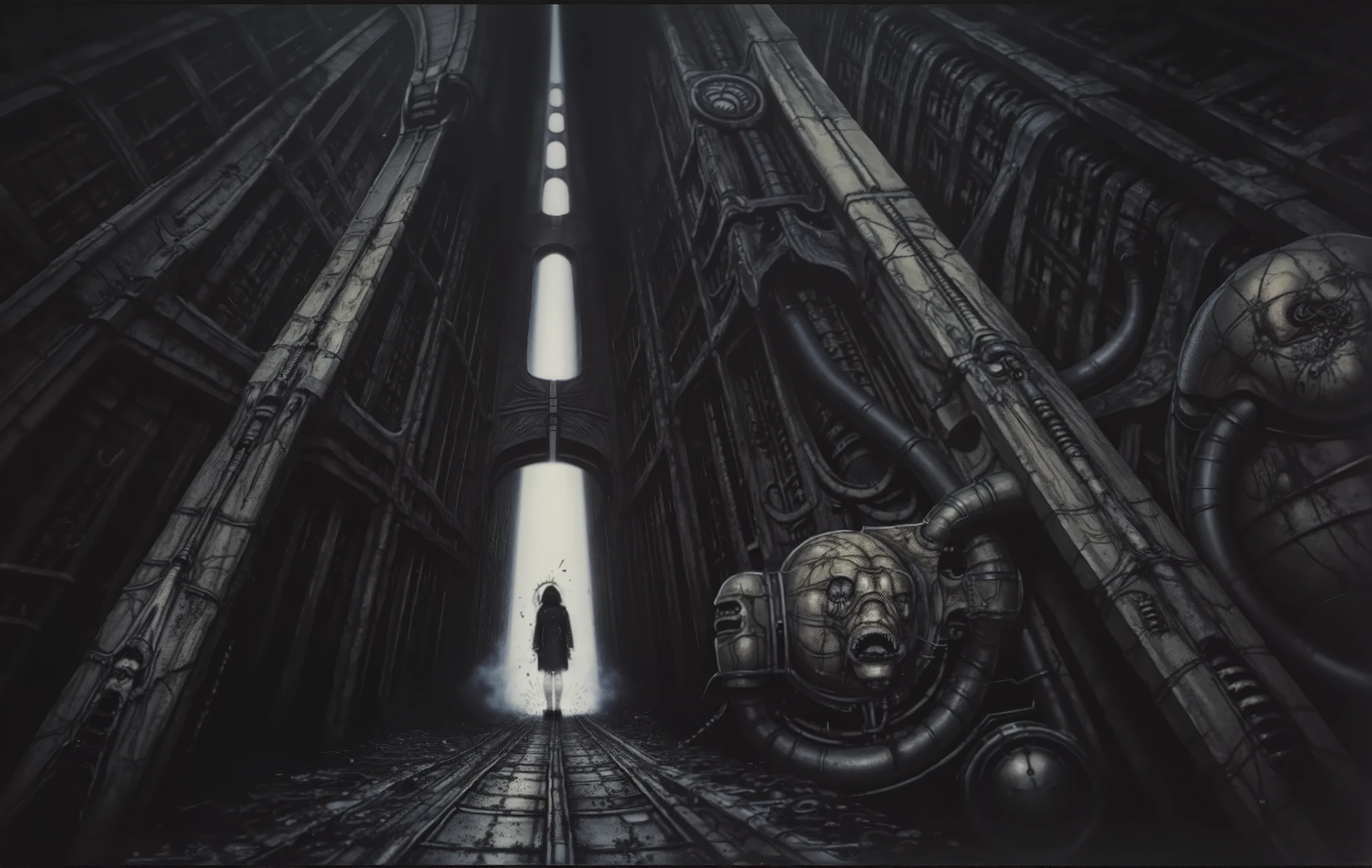 Generate a highly detailed image meticulously recreating the specific biomechanical artwork , focusing on its unique composition, atmosphere, and intricate textures in the style of H.R. Giger.
Composition and Geometry -
Pay strict attention to the original artwork's proportions and the geometry of its dominant structural "power lines." Accurately render the heavy, intersecting diagonal beams , the strong vertical columns, and the complex network of interwoven pipes and conduits that create overlapping layers and depth. Maintain the feeling of immense scale and verticality.
Atmosphere and Lighting -
Depict the scene within a confined, oppressive, and subtly dusty or hazy industrial interior space. Implement extreme high-contrast chiaroscuro lighting. Simulate harsh, directional light (as if from upper left or specific point sources) raking across surfaces, creating sharp, specular highlights on edges and textures while plunging crevices, undercuts, and background layers into deep, impenetrable shadow. Emphasize the dramatic contrast between brightly lit facets and surrounding darkness, capturing the reference's stark B&W or desaturated cool-toned look.
Textures and Details -
All surfaces must feature meticulous, integrated mechanistic and biomechanical texturing, avoiding any smooth or simplistic areas. Explicitly incorporate the following specific texture patterns, making them integral to the structure's forms -
Dense Arrays of Parallel Ribbed Conduits - Fine, tightly packed, parallel lines/tubes (Reference - `parallel_ribbed_conduits_texture`).
Interlocking Segmented Chains - Mechanical vertebrae or articulated joint patterns (Reference - `segmented_chain_texture`).
Directional Lines and Curves: The lines and curves of the tubes, pipes, and organic shapes guide the viewer's eye through the composition.
Use DARK BLACK COLORS, symmetrical, perfect, allegory of sin,evil, darkness, big painting, stored in Louvre