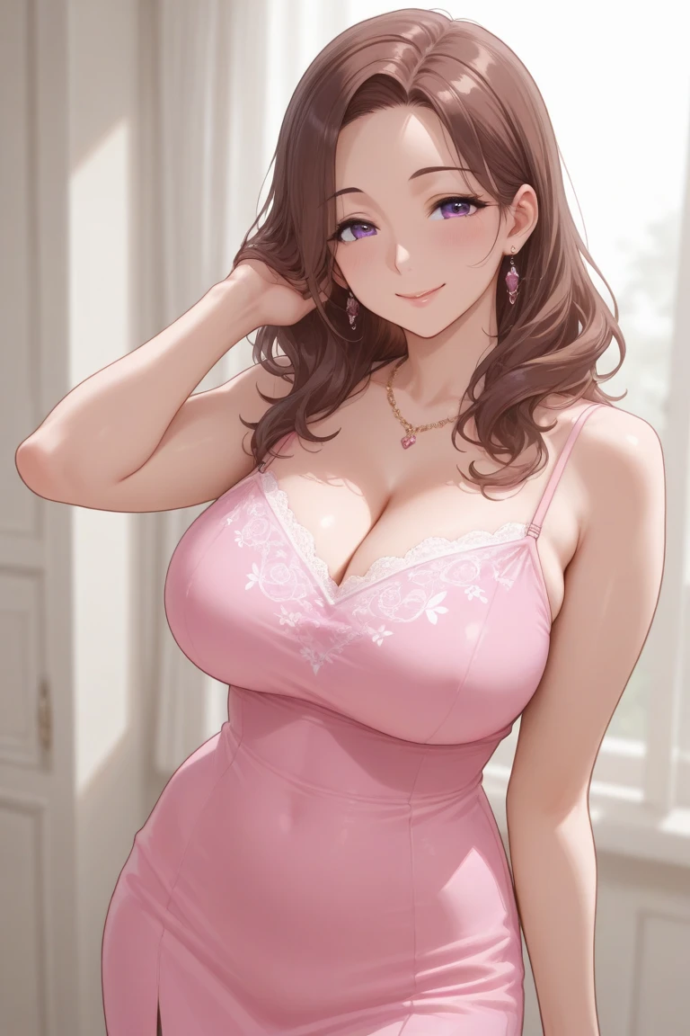 masterpiece, highest quality, (((ルーシー・ピンダーに似たソロmature woman))), (((brown hair))), ponytail, big breasts, (((wide hips))), (((aqua green eyes))), lip whole, enchanting smile, cleavage, (sitting on the bed), Bedroom,  sunset, blush, (((She is wearing a blue summer dress with a pink floral pattern.))), [Janet], [Alice], "Beautiful adult face" , 30 years old , mature woman , adult