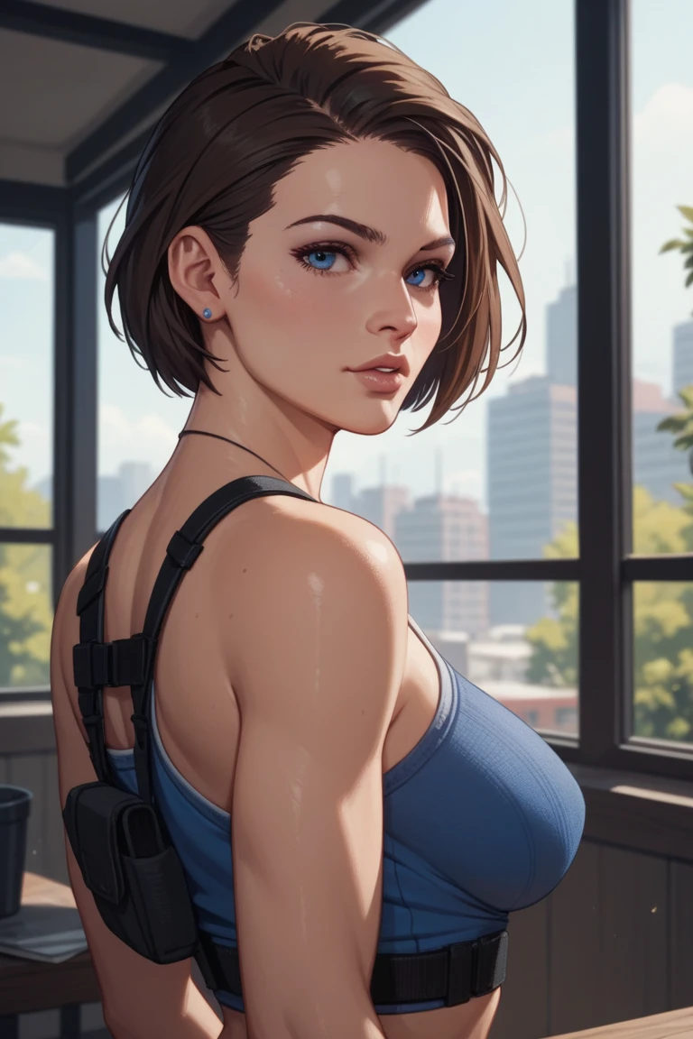 ((ultra detailed, masterpiece, absurdres))
RE3Jill, 1girl, solo, brown hair, blue eyes, short hair, on space station, stars and space background