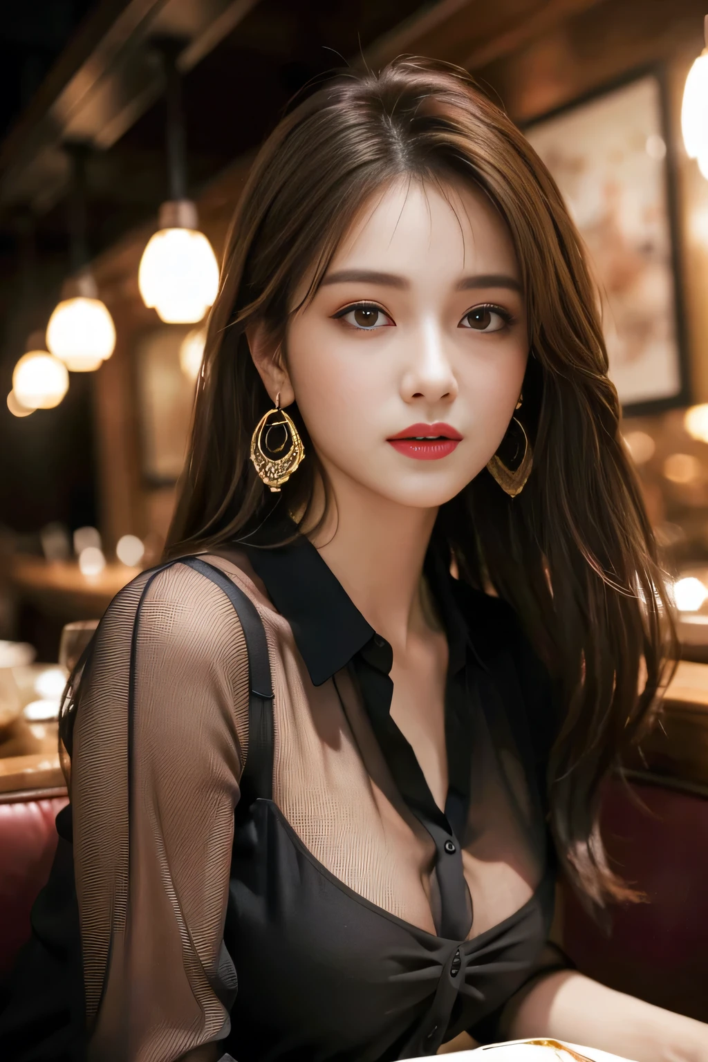 masterpiece, highest quality, Realistic, Very detailed, Finer details, High resolution, 8k wallpaper, One beautiful woman, Wear a black see-through shirt, In a great restaurant, At night, Light brown messy hair, Perfect dynamic composition, Beautiful and beautiful eyes、Big earrings
